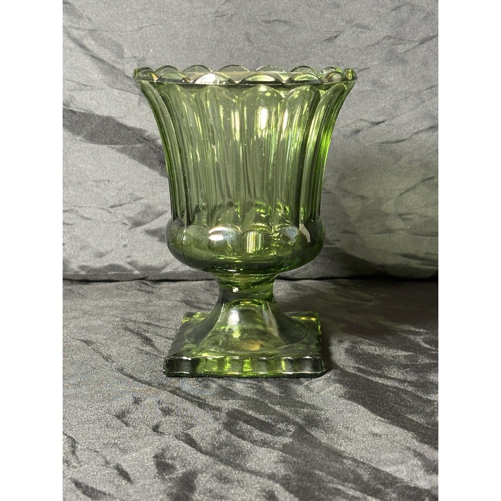 Vintage Hazel Atlas, Avocado Green Depression Glass Square Footed 5.3/4 Tall